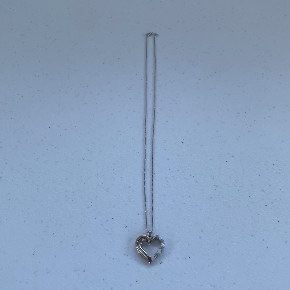 10k Yellow Gold & 925 Sterling Silver Heart and Crystal Opal Necklace - Picture 2 of 13